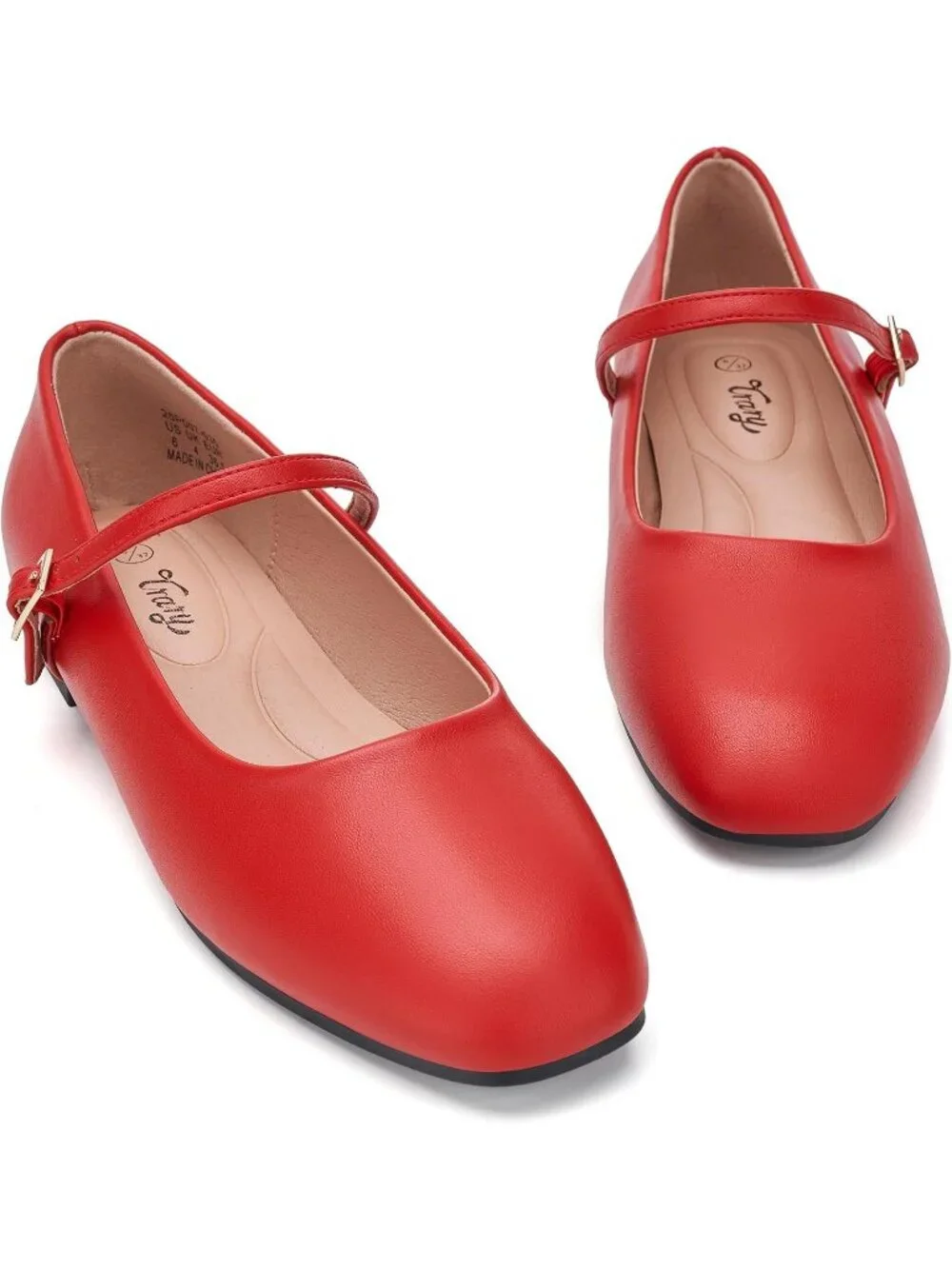 Women's Red Square Toe With Adjustable Buckle Strap Ballet Flat Slip On Shoes
